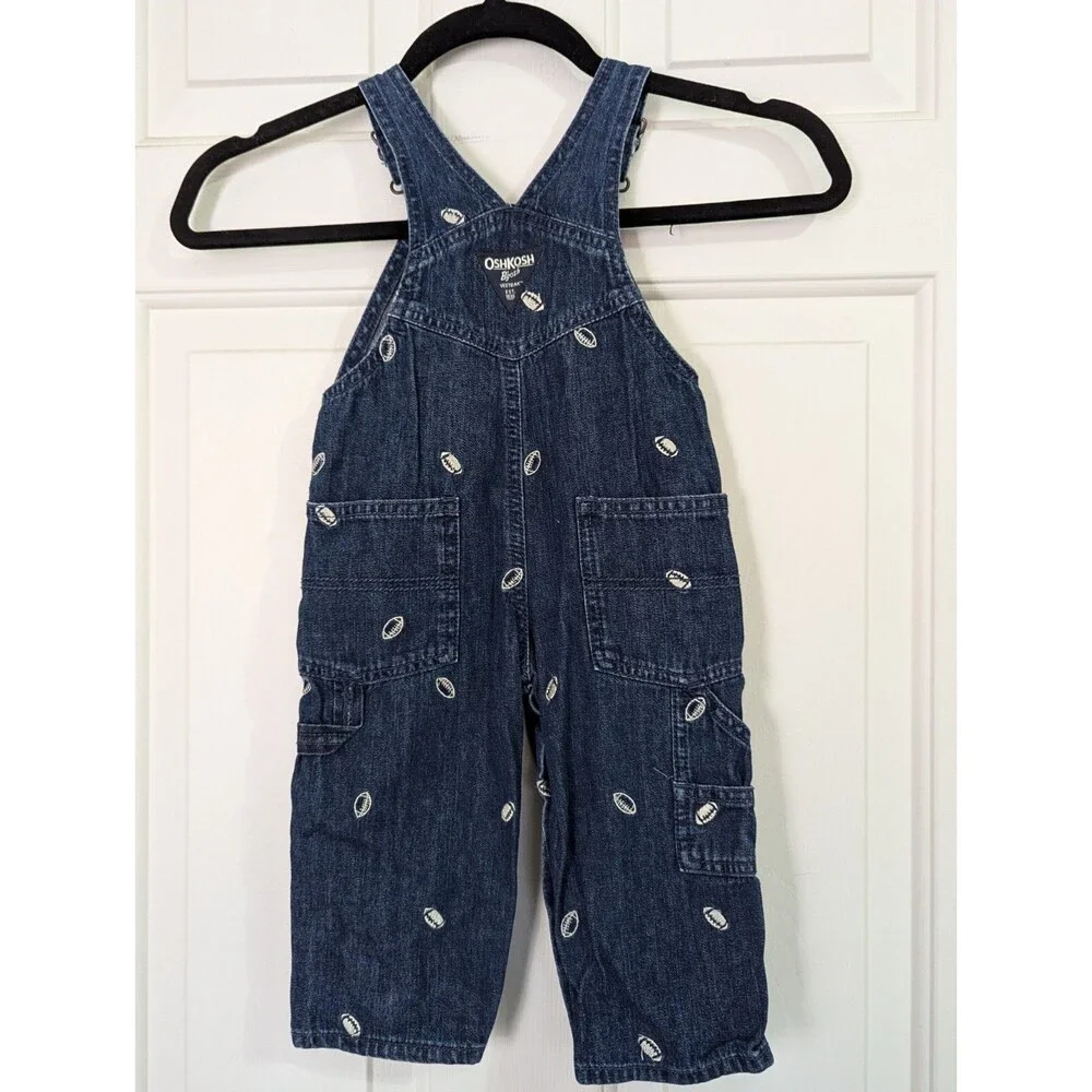 VTG OshKosh Bgosh Jean Overalls 12 Months Embroidered Footballs Blue Denim Logo